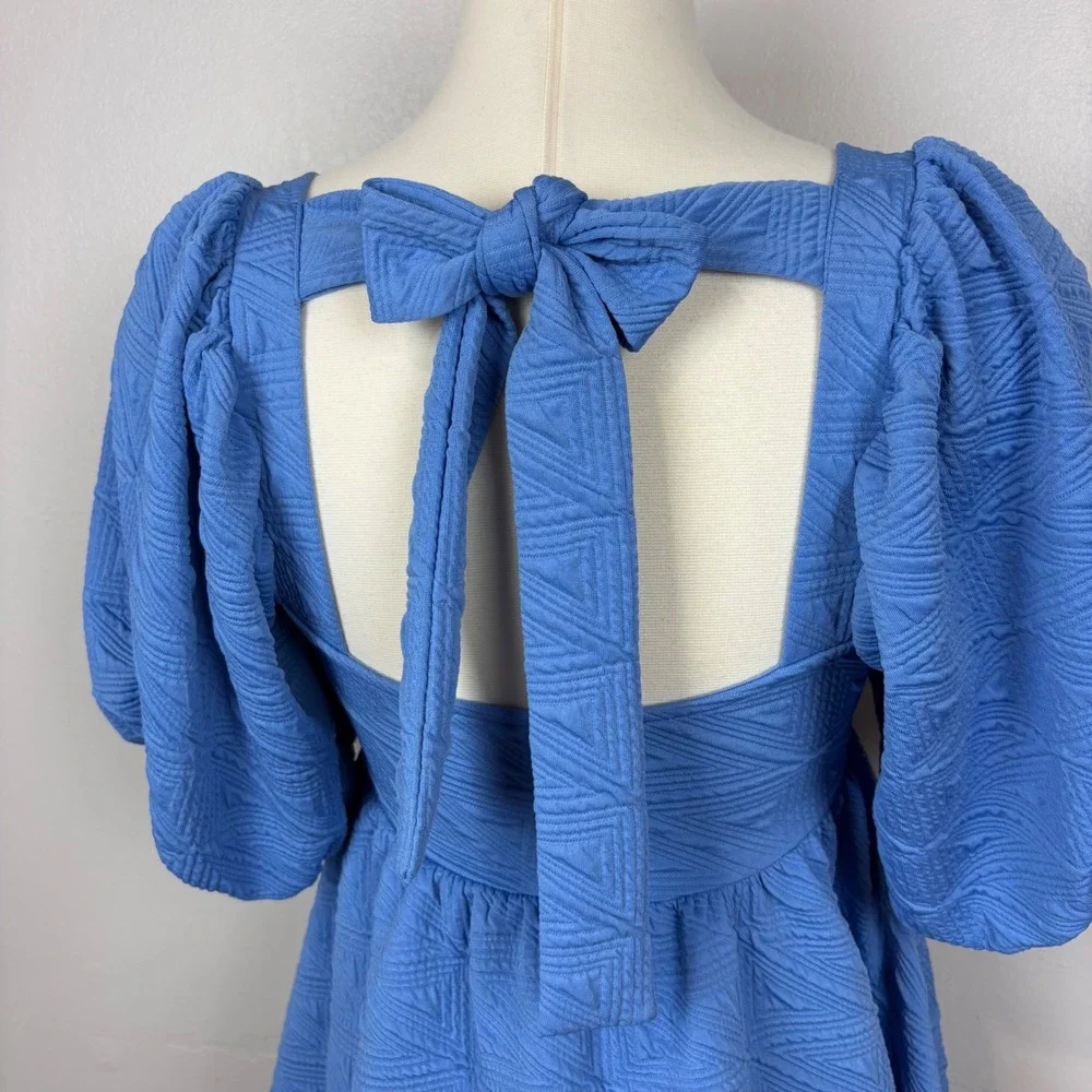 Free People Violet Puff Sleeve Mini Dress Blue Babydoll Textured‎ Matelasse Knit